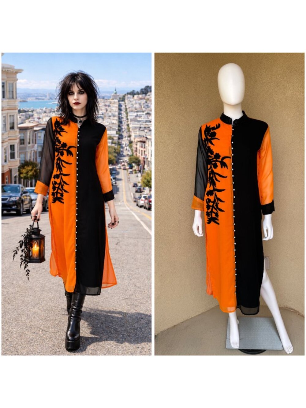 Vintage 90s Halloween Vibes Embroidered Kurti Dress